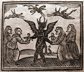 Depiction of the Devil giving magic puppets to witches, from Agnes Sampson trial, 1591.